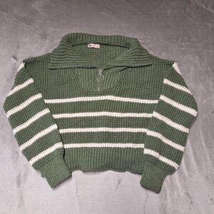SO Goods For Life Cropped Lg Pullover Sweater Ribbed Knit Green & White Striped